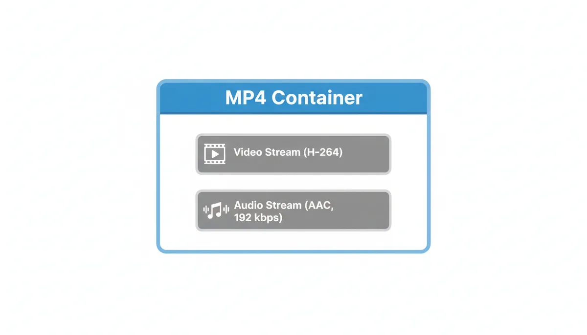 An illustration of an MP4 container box. Inside, there are two distinct, separate boxes: one labeled 'Video Stream (e.g., H.264)' and the other 'Audio Stream (e.g., AAC, 192 kbps)', visually representing that video and audio are distinct components within the file.