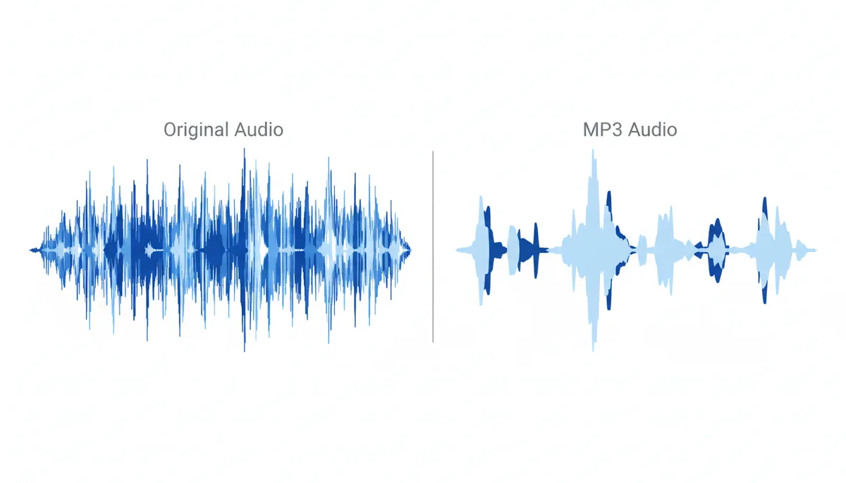 A side-by-side comparison of two spectrograms. The left 'Original Audio' spectrogram is dense and full of color, representing a rich sound. The right 'MP3 Audio' spectrogram shows the same sound but with visible gaps and lighter areas, especially around loud peaks, illustrating the removal of masked frequencies.