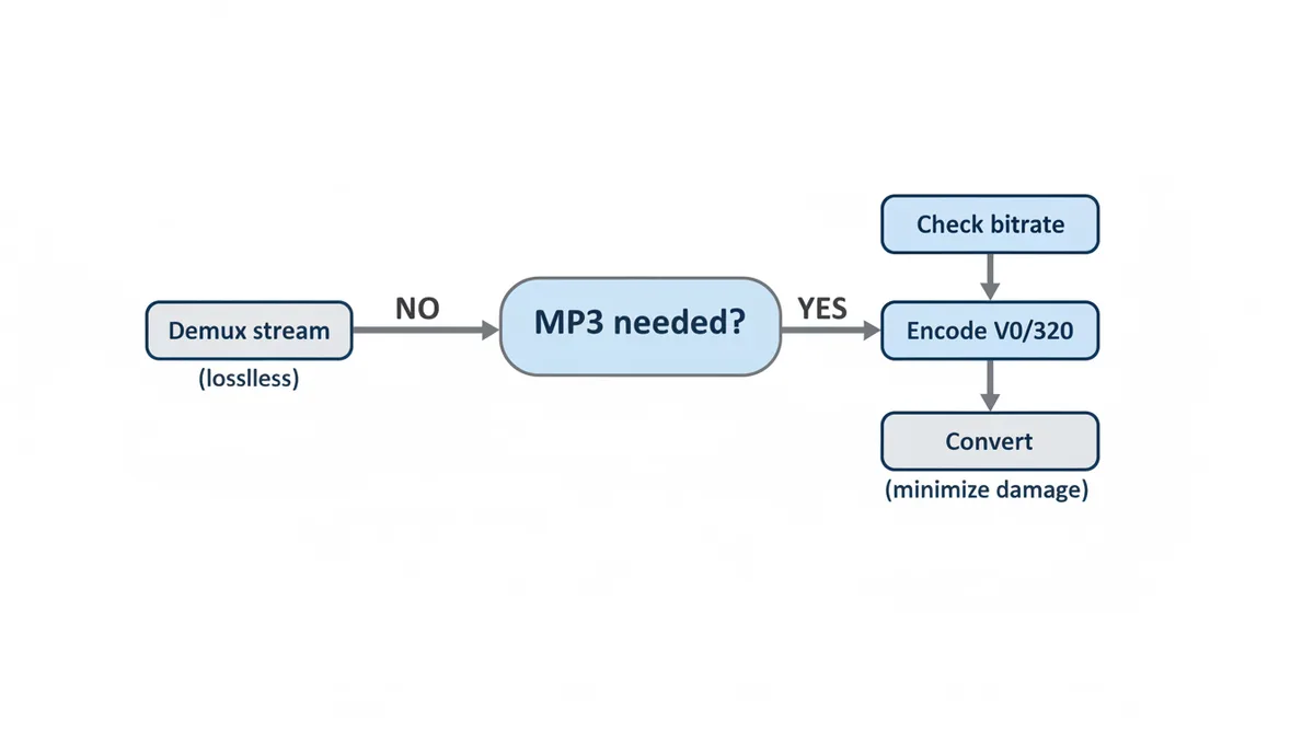 A decision tree diagram illustrating the process for extracting audio with minimal quality loss. It begins with 'Do you specifically need an MP3?'. A 'No' path leads to 'Demux original stream (lossless, done)'. A 'Yes' path leads to 'Check source bitrate/sample rate', then 'Match sample rate, encode at V0 or 320 kbps', and finally 'Convert (minimizes new damage)'.