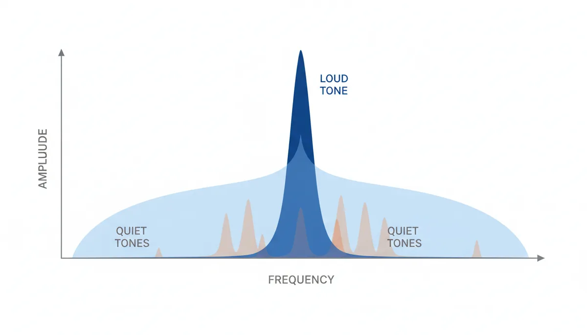 A frequency spectrum graph showing a dominant sound wave peak with a 'masking curve' enveloping it. Several smaller, fainter sound waves are depicted entirely underneath this masking curve, visually representing the audio data that an MP3 encoder discards because it's imperceptible to the human ear.