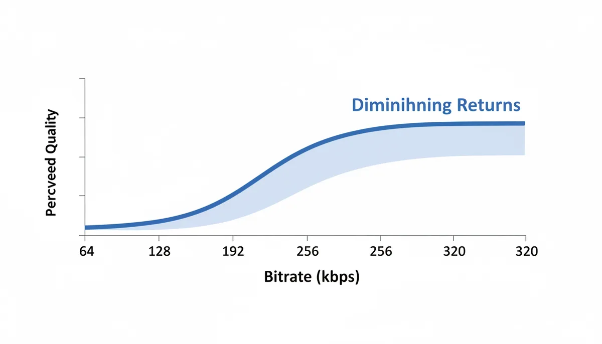 A line graph with 'Bitrate (kbps)' on the horizontal axis and 'Perceived Quality' on the vertical axis. The line rises sharply from 64 kbps to about 192 kbps, then flattens considerably towards 320 kbps, indicating that quality improvements become less noticeable at higher bitrates. The flatter section is marked as 'Diminishing Returns'.
