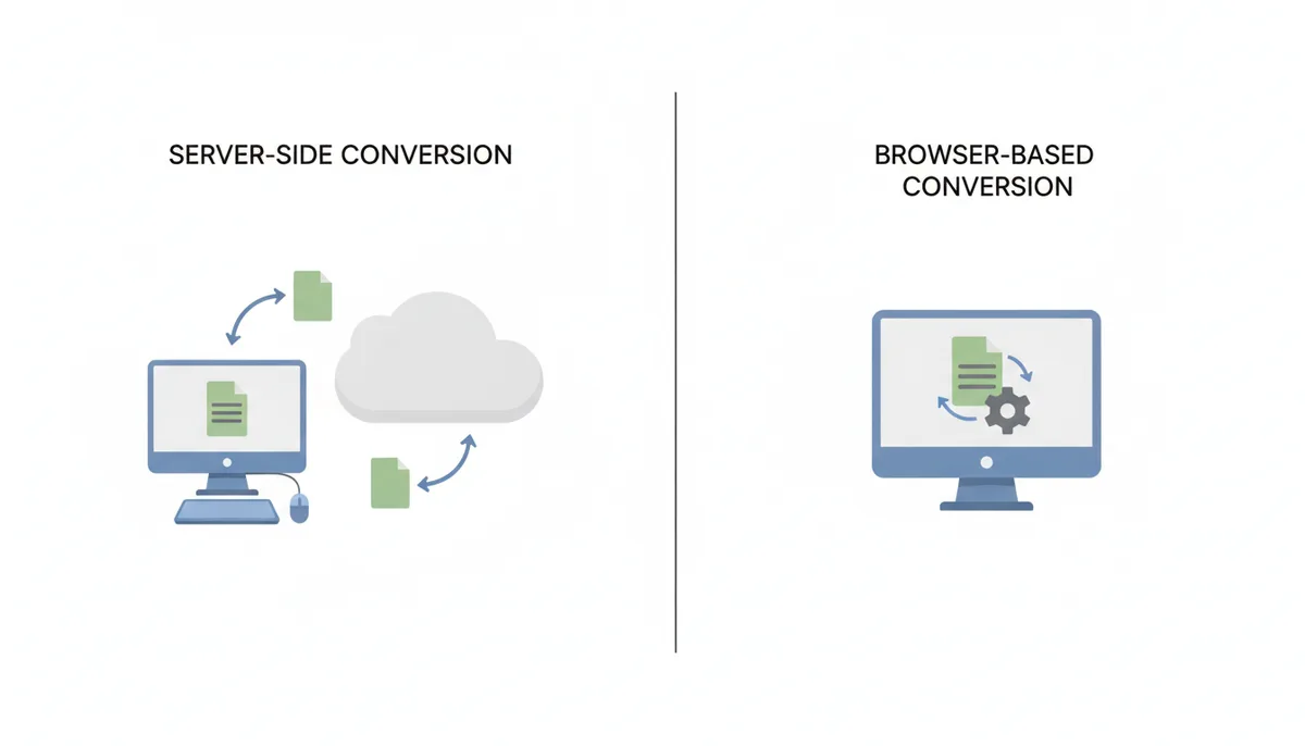 A two-panel diagram illustrating file conversion. The left panel shows a computer uploading a file to a cloud server and then downloading the converted file. The right panel shows a computer processing a file entirely within its own system, without external servers.