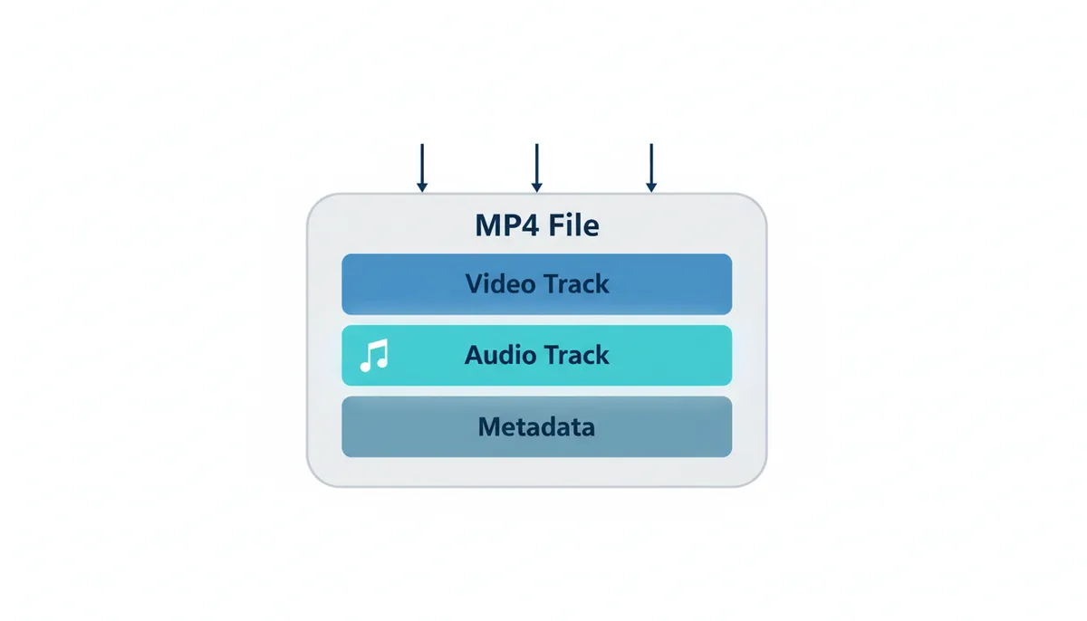 An exploded view of an MP4 file, showing its internal components: a video track, an audio track (highlighted), and metadata. The audio track has a musical note icon.