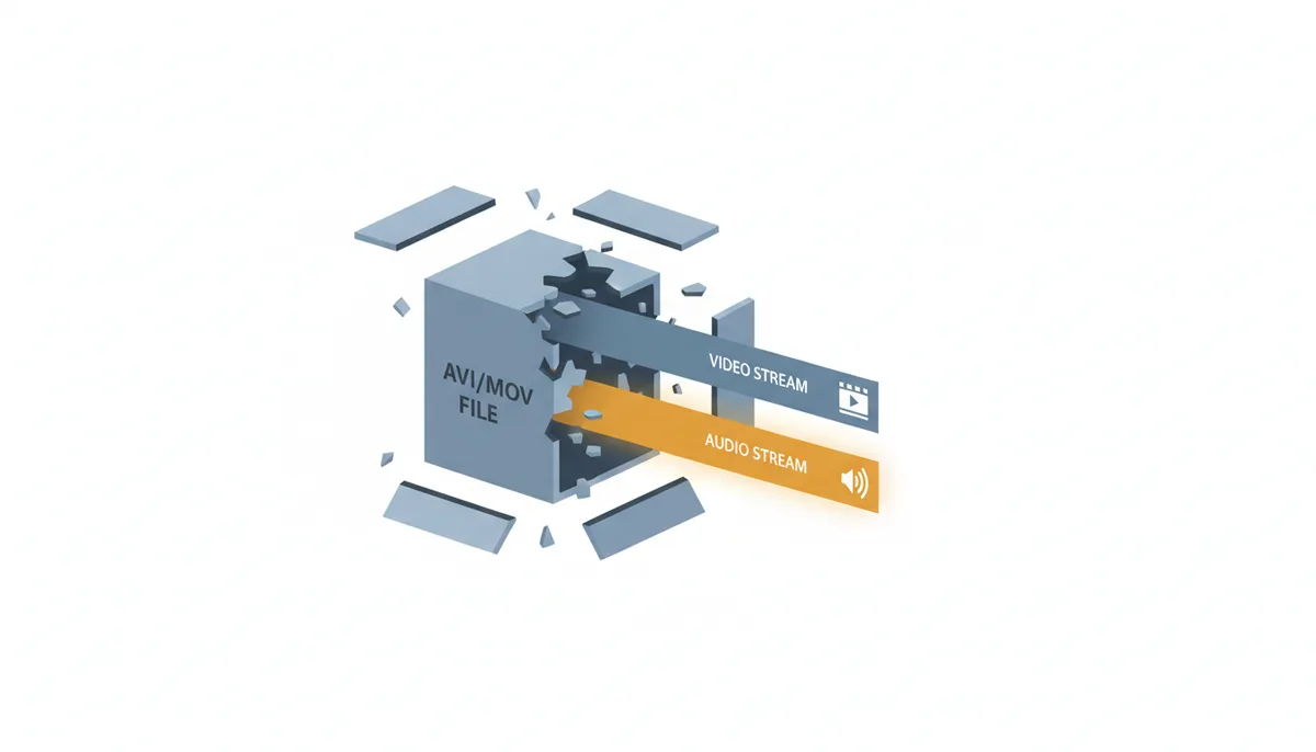 An exploded diagram of an AVI/MOV file container, showing a distinct 'Video Stream' and a 'Audio Stream' being separated and extracted from it, emphasizing their independent nature.