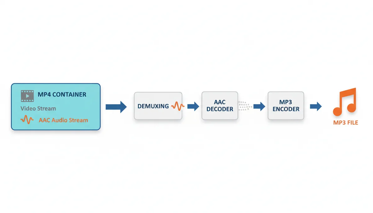 A diagram showing the direct MP4 to MP3 conversion process. An MP4 container contains video and AAC audio streams. The AAC audio stream is demuxed, decoded to raw audio samples, then encoded into an MP3 file.
