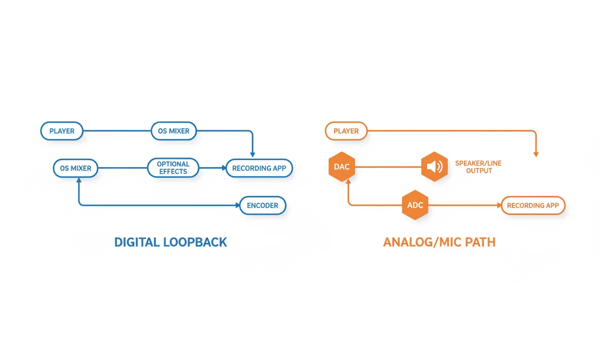 An illustration showing two parallel audio recording processes. On the left, a 'Digital Loopback' path shows a player connected to an OS mixer, then to optional effects, then to a recording app, and finally to an encoder, all with digital connections. On the right, an 'Analog/Mic Path' shows a player connected to a DAC, then to a speaker/line output, then to an ADC, and finally to a recording app, highlighting the analog conversion steps.