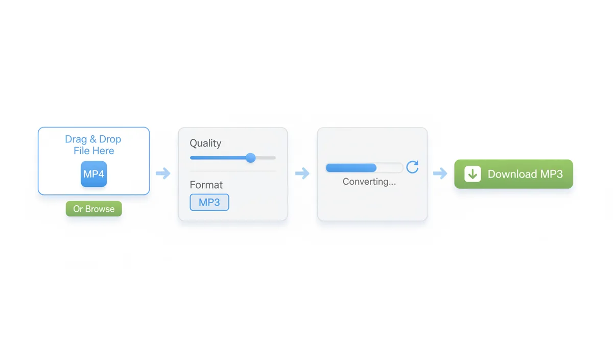 A four-panel illustration showing the steps to convert an MP4 to MP3. The first panel shows a drag-and-drop area. The second shows quality and format settings. The third shows a progress bar for conversion. The fourth shows a download button.