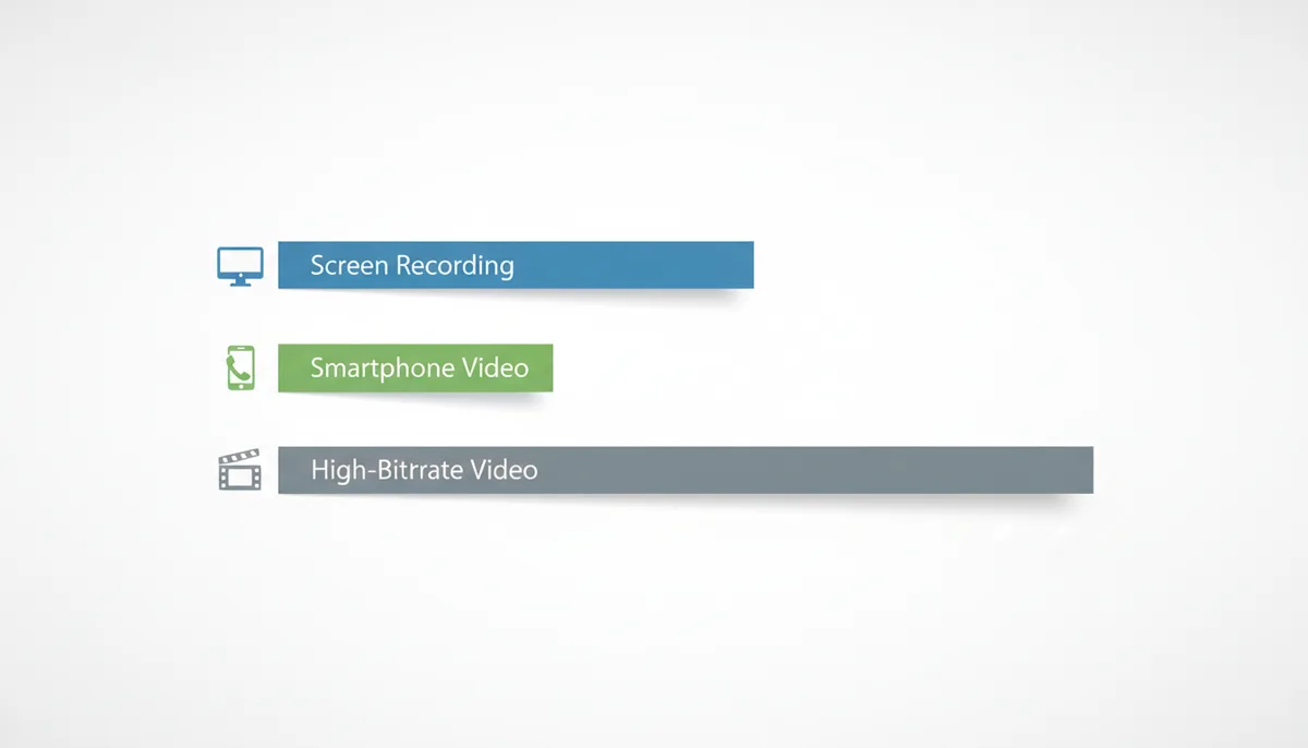 A horizontal bar chart comparing conversion times. 'Screen Recording' has the shortest bar, 'Smartphone Video' has a medium bar, and 'High-Bitrate Video' has the longest bar, illustrating that more complex videos take longer to convert.