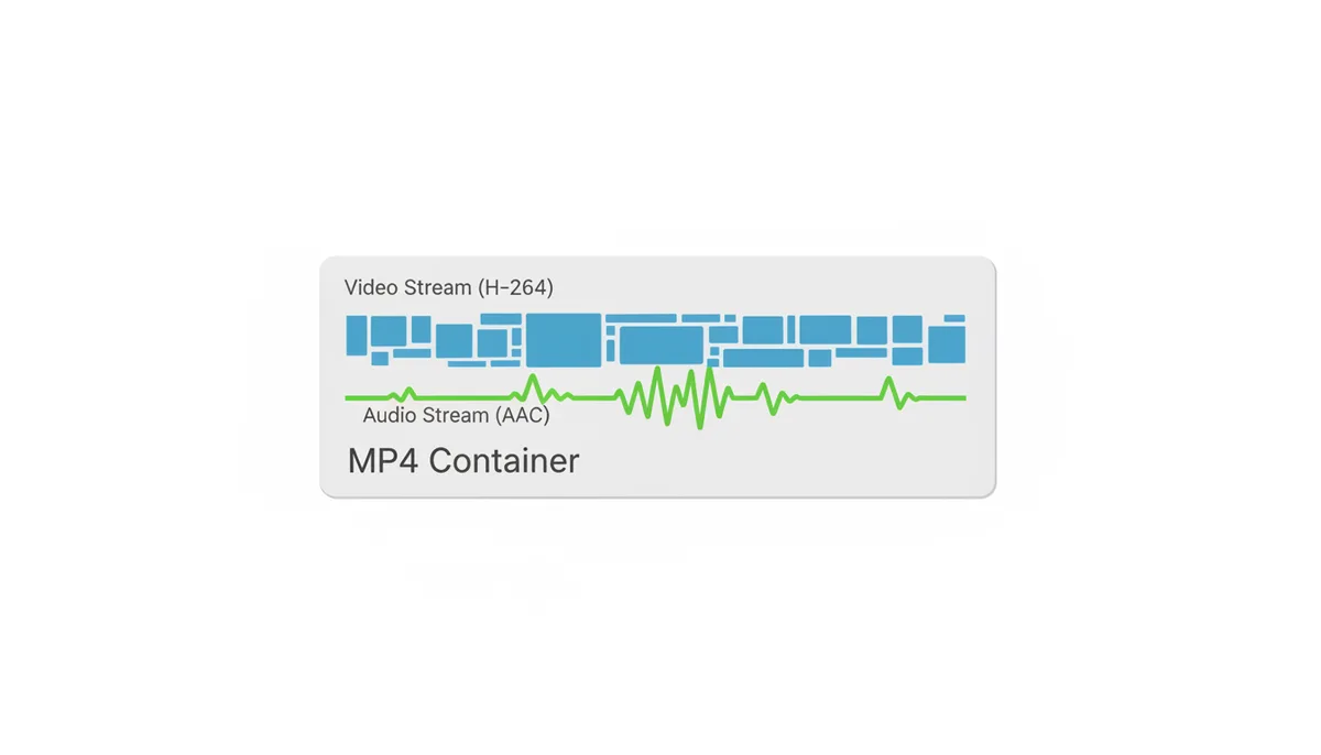 A diagram showing an MP4 container box with two distinct internal streams: a blue visual stream labeled 'Video Stream (H.264)' and a green audio stream labeled 'Audio Stream (AAC)'.