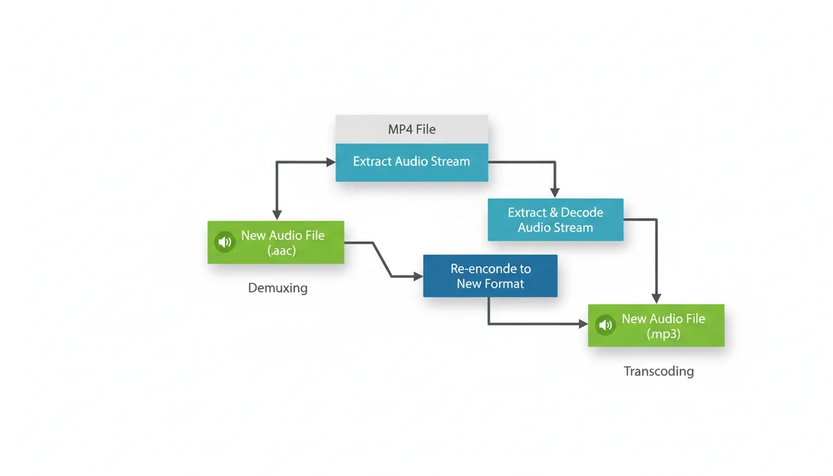 A flowchart illustrating two methods of audio extraction. Path 1 (Demuxing) shows MP4 File -> Extract Audio Stream -> New Audio File (.aac). Path 2 (Transcoding) shows MP4 File -> Extract & Decode Audio Stream -> Re-encode to New Format -> New Audio File (.mp3).