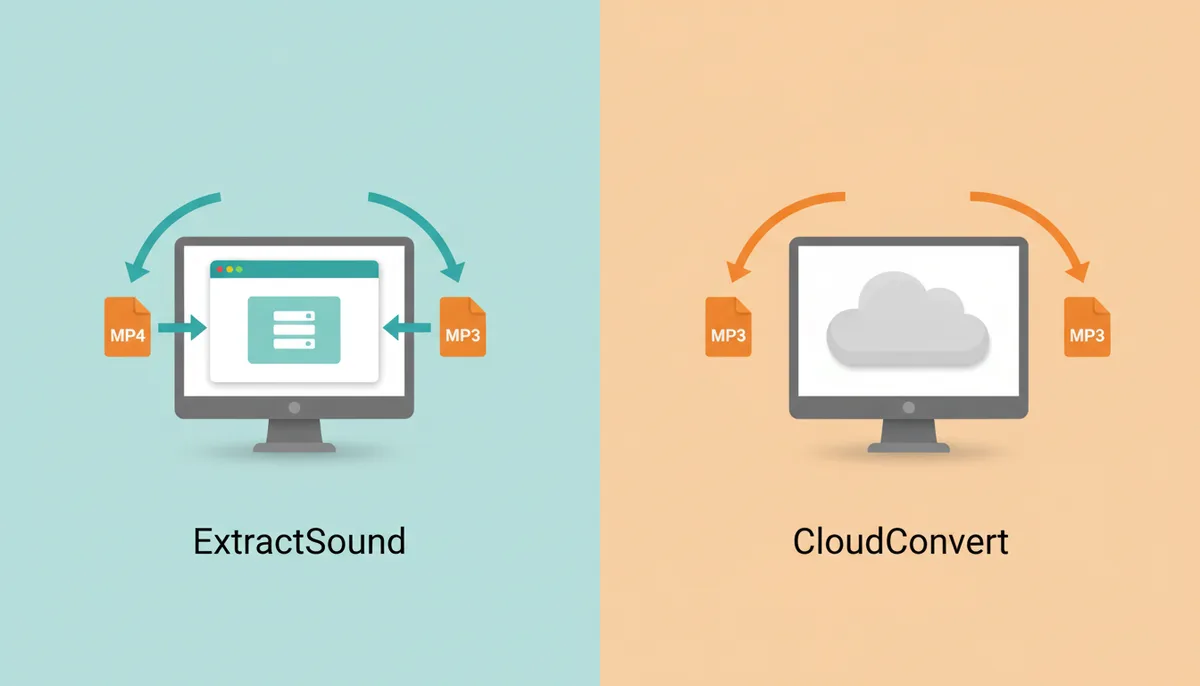 A diagram comparing browser-side and server-side conversion. On the left, labeled 'ExtractSound', an MP4 file enters a browser icon within a computer, and an MP3 file exits, all contained locally. On the right, labeled 'CloudConvert', an MP4 file leaves a computer, travels to a cloud server, and an MP3 file returns from the server to the computer.