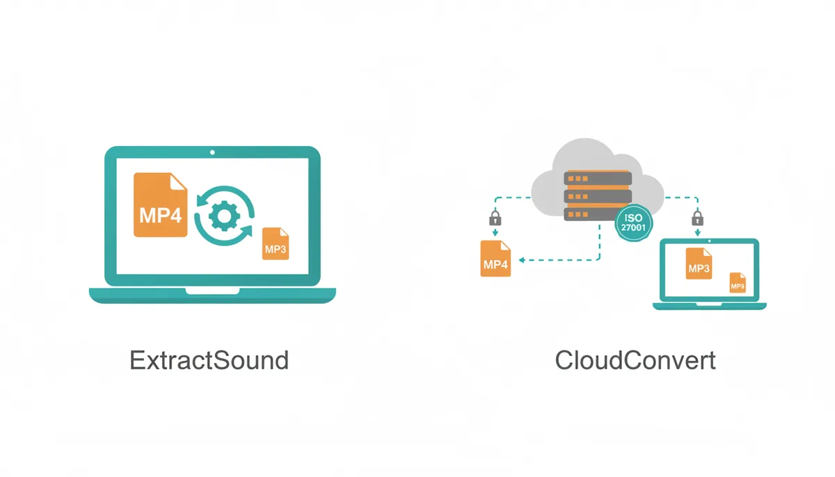 A privacy diagram comparing file handling. On the left, labeled 'ExtractSound', an MP4 file converts to MP3 entirely within a user's device, with no external connections. On the right, labeled 'CloudConvert', an MP4 file travels securely from a user's device to a cloud server (marked ISO 27001) and returns as an MP3 file, emphasizing secure external transfer.