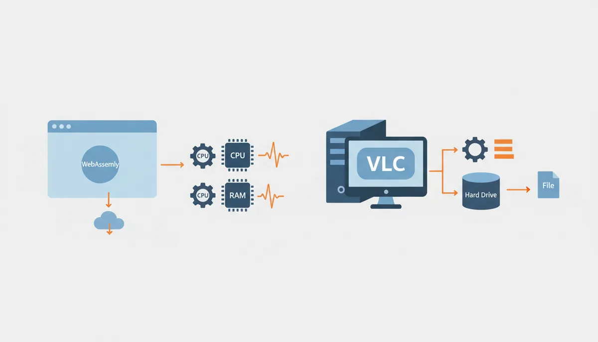 A comparison diagram showing ExtractSound within a browser tab using WebAssembly, with temporary CPU and RAM spikes, versus VLC as a desktop application with direct and continuous access to CPU, RAM, and disk storage.