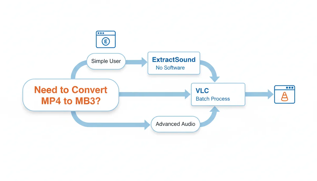 A decision tree diagram. Starting with 'Need to Convert MP4 to MP3?', one path leads to ExtractSound for 'No Software Installation Possible' or 'Simple, Non-Technical User'. The other path leads to VLC for 'Batch Process Many Files' or 'Advanced Audio Settings Needed'.
