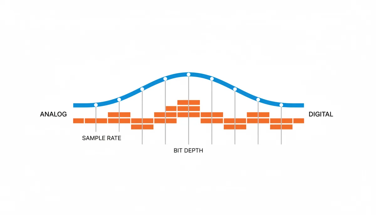 A blue analog soundwave with evenly spaced white dots along its curve. Vertical gray lines extend from these dots to an orange stepped, blocky digital wave, showing how a smooth curve becomes discrete data points.