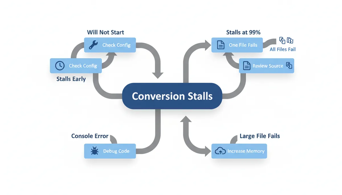 A flowchart showing a decision tree for troubleshooting MP4 to MP3 conversion stalls. The central node is 'Conversion Stalls'. Branches lead to specific scenarios like 'Conversion Will Not Start', 'Stalls Early', 'Stalls at 99%', 'Only One File Fails', 'All Files Fail', 'Small File Works but Large File Fails', and 'Console Shows an Error'. Each scenario points to a recommended next step or fix.
