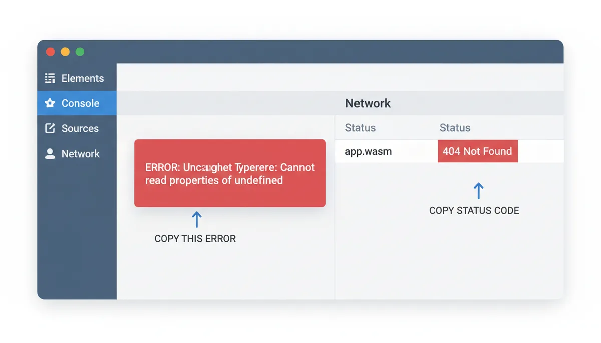 An abstracted illustration of a browser's developer tools. The console tab displays a red error message, and the network tab shows a failed web assembly or script asset with a red status code. Labels highlight these specific error indicators.