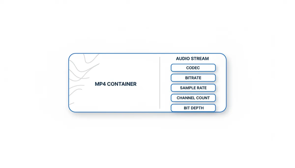 A diagram showing an MP4 container split into a 'Video Stream' and an 'Audio Stream'. The 'Audio Stream' section is further broken down into 'Codec', 'Bitrate', 'Sample Rate', 'Channel Count', and 'Bit Depth'.