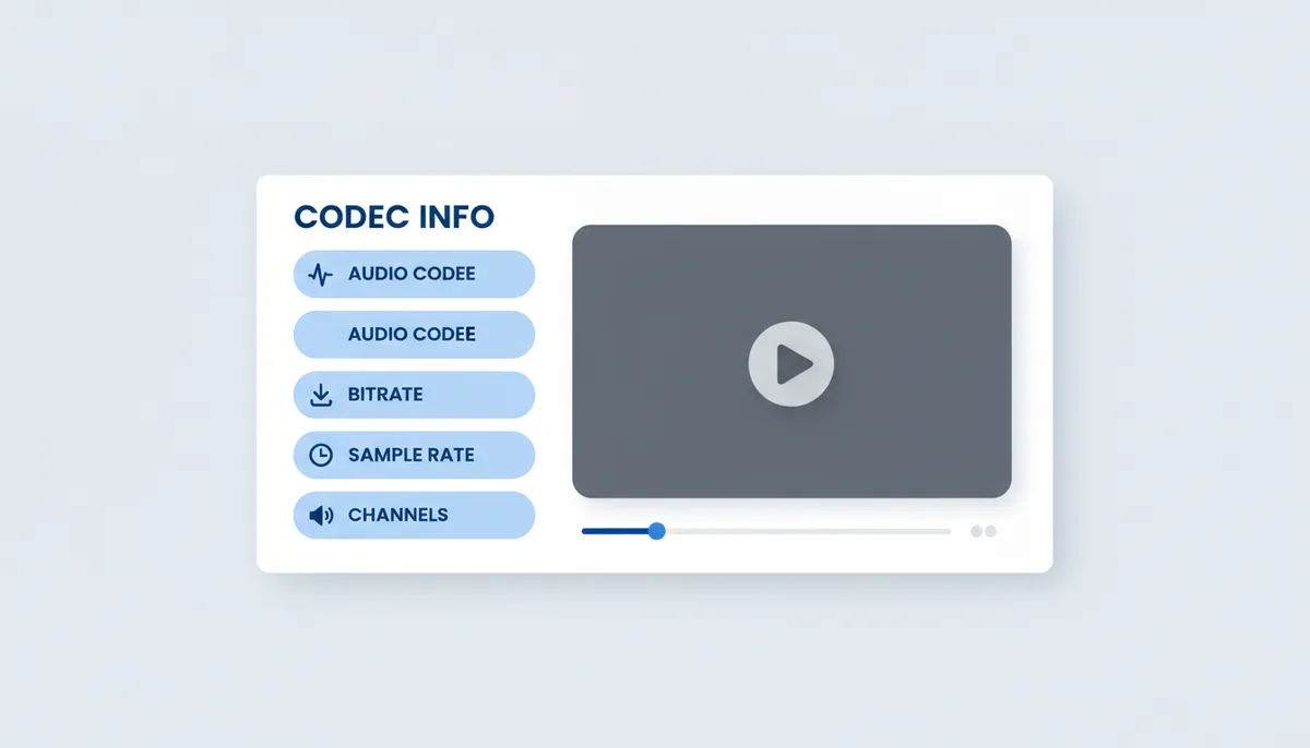 An abstract representation of a media player's codec information window, highlighting the fields for audio codec, bitrate, sample rate, and channel count.
