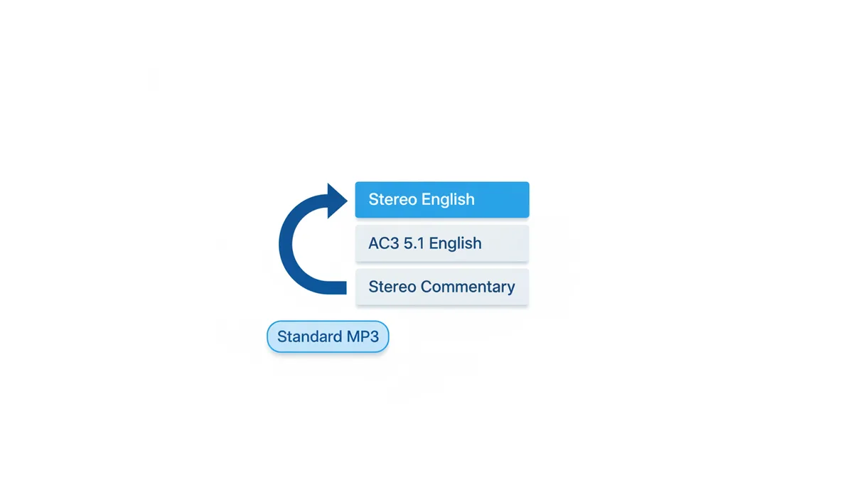 A diagram of a media player's audio track selection menu showing three options: 'Stereo English', 'AC3 5.1 English', and 'Stereo Commentary'. An arrow points to 'Stereo English' as the recommended choice for MP3 conversion.