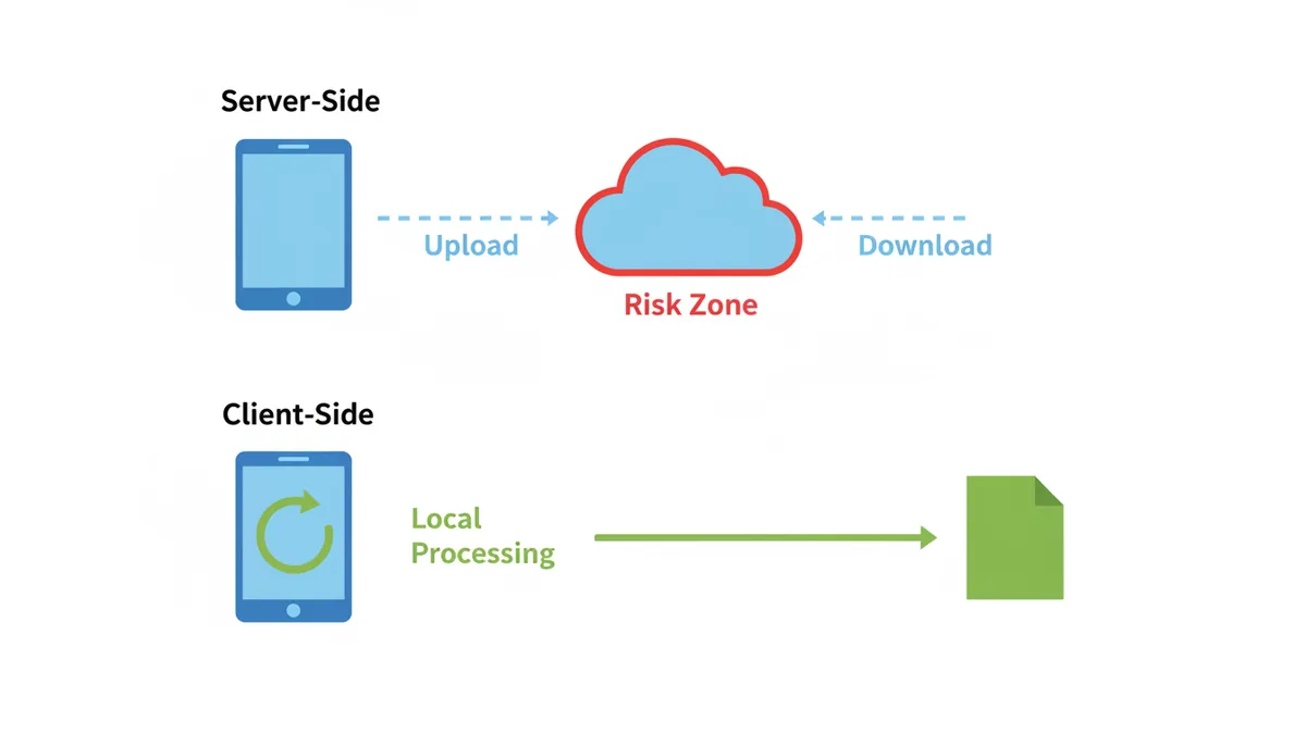 A diagram showing two data flows. Top path (Server-Side): User's Device -> Upload over Internet -> Company Server (highlighted as 'Risk Zone') -> Download over Internet -> User's Device. Bottom path (Client-Side): File remains on User's Device -> Processing occurs locally -> New file saved on User's Device.