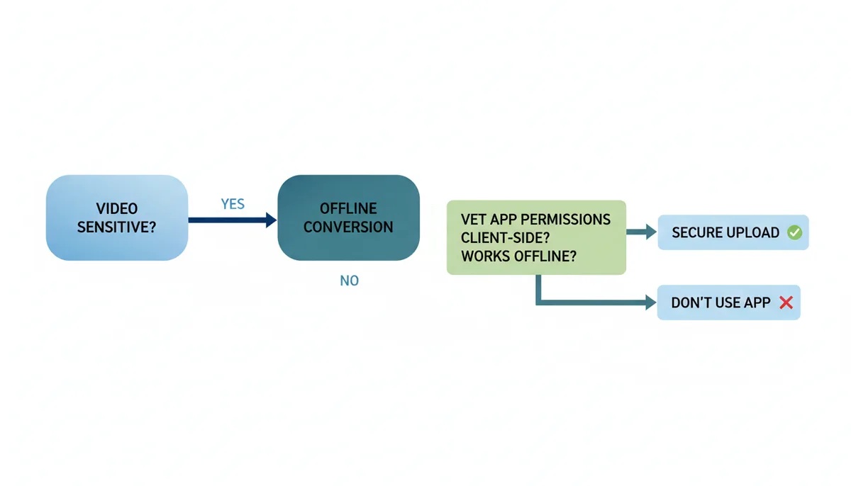 A decision tree diagram. Starting with 'Is the video file highly sensitive?'. If 'YES', the path leads to 'Transfer to Desktop for Offline Conversion'. If 'NO', the path leads to 'Vet mobile app permissions and privacy policy. Is it client-side? Does it work offline?'